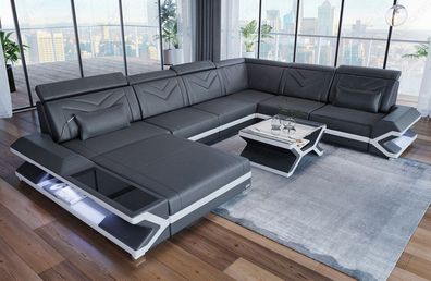 Designersofa Wohnlandschaft Leder Napoli XXL Sofa mit LED Couch Beleuchtung -USB