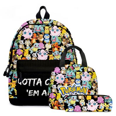 3er Set Anime Pikachu Jigglypuff Pokémon Rucksack Mäppchen Lunchbox Schultasche