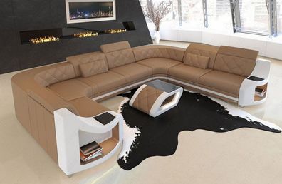 Wohnlandschaft Genua U Form Ledersofa sandbeige Sofa mit LED Couch Beleuchtung -USB