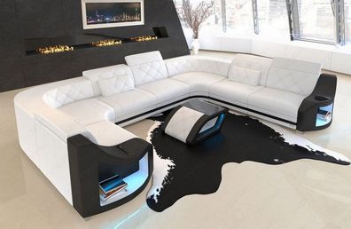 Wohnlandschaft Ledersofa Genua U Form in weiß Sofa mit LED Couch Beleuchtung -USB