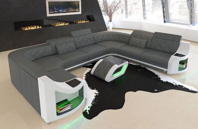 Wohnlandschaft Ledersofa Genua U Form grau Sofa mit LED Couch Beleuchtung -USB