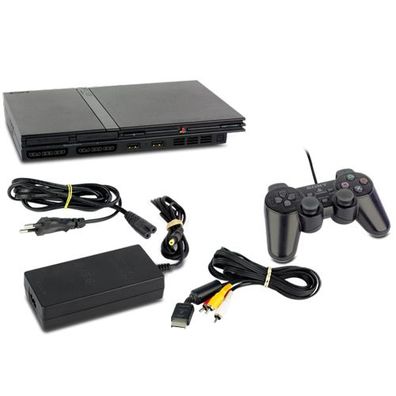 PS2 Konsole Slim line in schwarz in OVP + original Controller + alle Kabel - Back ...