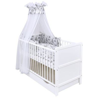 Babybett Kinderbett Jack 140×70 Weiß inkl. Schublade Bettset Komplett