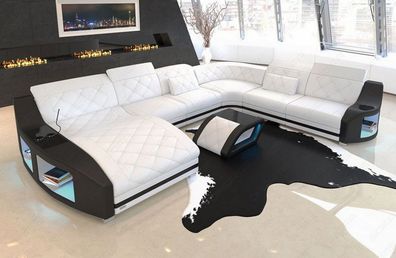 Wohnlandschaft Swing XXL Ledersofa weiß Sofa mit LED Couch Beleuchtung -USB Anschluss