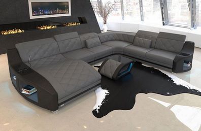 Wohnlandschaft Swing XXL Ledersofa grau Sofa mit LED Couch Beleuchtung -USB Anschluss