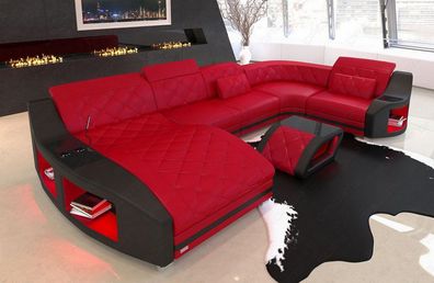 Wohnlandschaft Swing U Form Ledersofa Sofa mit LED Couch Beleuchtung -USB Anschluss