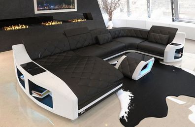 Wohnlandschaft Ledersofa Swing U Form schwarz Sofa mit LED Couch Beleuchtung -USB