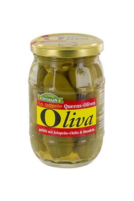 Feinkost Dittmann Grüne Queens Oliven gefüllt mit Jalapeno-Chilis & Mandeln, 300 g