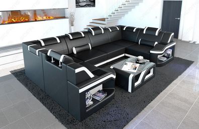 Wohnlandschaft Padua U Form Ledersofa in schwarz weiss Sofa mit LED Couch Beleuchtung