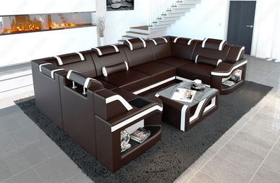 Ledersofa Wohnlandschaft Padua U Form Ledersofa Sofa mit LED Couch Beleuchtung -USB