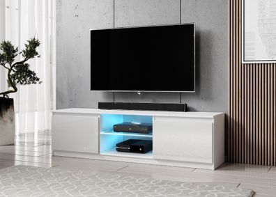 FURNIX Lowboard TV-Schrank Arenal 140 weiß / weiß Glanz mit LED