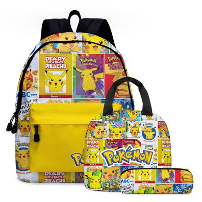 3er Set Anime Pikachu Pokémon Rucksack Mäppchen Lunchbox Tragetasche Schultasche