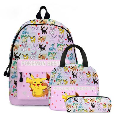 3er Set Anime Pikachu Eevee Pokémon Rucksack mit Mäppchen Lunchbox Schultasche