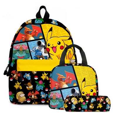 3er Set Pikachu Eevee Squirtle Pokémon Rucksack Mäppchen Lunchbox Schultasche