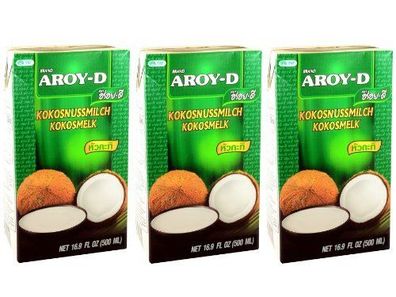 Kokosmilch Aroy-D natürliche Kokusmilch zum Backen und Kochen 500ml 3erPack
