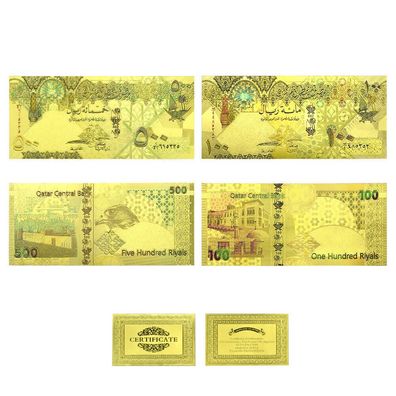 2 Scheine Qatar 100 und 500 Riyal Gold Foil Banknoten