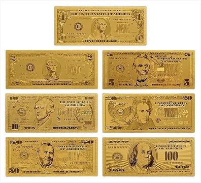 Satz mit 7 Scheinen - Dollar Banknoten - 24 K vergoldet / Folie/ Nachdruck - (CM1804)