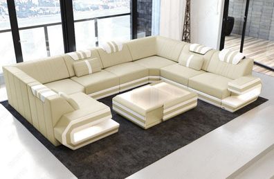 Ledersofa Wohnlandschaft Ragusa U Form Designer-Sofa mit LED Couch & USB Anschluss