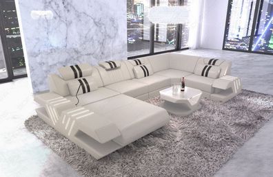 Ledersofa Wohnlandschaft Venedig U Form Designersofa Sofa mit LED Couch & USB