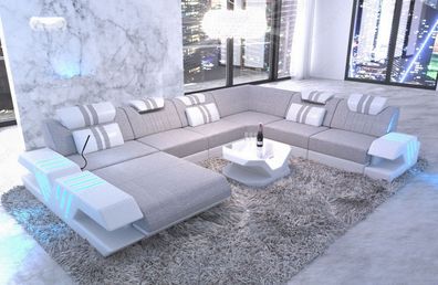 Wohnlandschaft Venedig XXL Ecksofa Webstoff Couch -LED Sofa & USB Anschluss