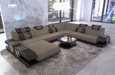 Ecksofa Wohnlandschaft Venedig XXL grau Webstoff Couch -LED Sofa & USB Anschluss