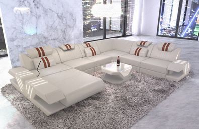 Ledersofa Venedig als XXL U Form Wohnlandschaft Sofa mit LED Couch & USB Anschluss