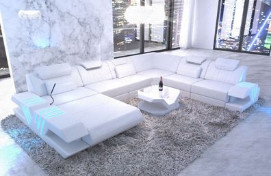 Ledersofa Wohnlandschaft Venedig XXL in weiss Sofa mit LED Couch & USB Anschluss