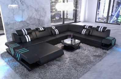 Ledersofa Wohnlandschaft Venedig XXL U Form in schwarz Sofa mit LED Couch & USB