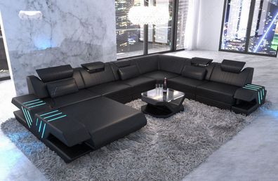 Ledersofa Wohnlandschaft Venedig XXL schwarz Sofa mit LED Couch & USB Anschluss