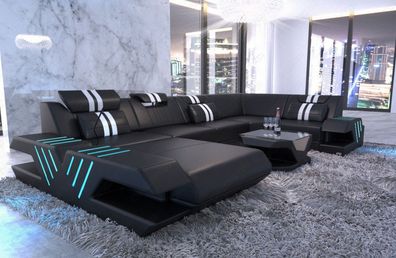 Wohnlandschaft Ledersofa Venedig U Form Sofa mit LED Couch & USB Anschluss