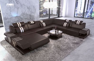 Wohnlandschaft Venedig XXL U Form Ledersofa Sofa mit LED Couch & USB Anschluss