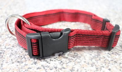 Hundehalsband Nylon rot mit schwarzen Streifen, 25 mm breit, Verstellbar, Neu