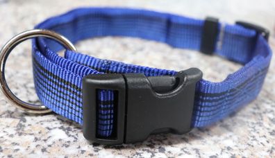Hundehalsband Nylon blau mit schwarzen Streifen, 25 mm breit, Verstellbar, Neu