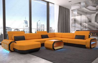 Wohnlandschaft ROMA XL orange Luxus Stoffsofa Recamiere LED Beleuchtung