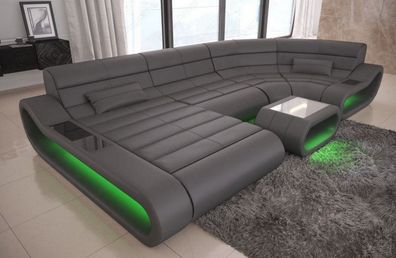 Ledersofa Wohnlandschaft Concept U Form grau Sofa mit LED Couch Beleuchtung -USB