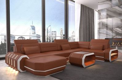 Ecksofa Wohnlandschaft Roma U Form braun Ledersofa Sofa -LED Couch Beleuchtung -USB