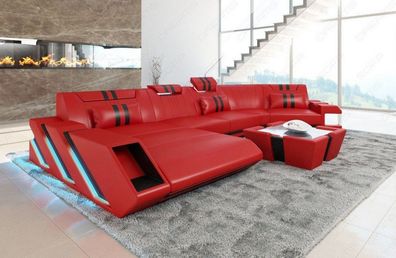 Wohnlandschaft Ledersofa Apollonia C Sofa rot-schwarz Ledersofa mit LED Couch & USB