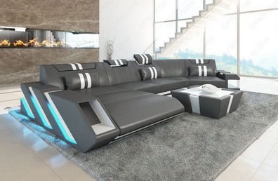 Ledersofa Wohnlandschaft Apollonia C grau-weiss Ledersofa mit LED Couch & USB Anschlu