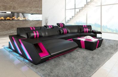 Ledersofa Wohnlandschaft Apollonia C Sofa schwarz-pink Ledersofa mit LED Couch & USB