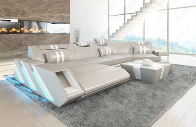 Ledersofa Wohnlandschaft Apollonia C beige-weiss Ledersofa mit LED Couch & USB