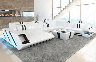Ledersofa Wohnlandschaft Apollona XXL weiß-schwarz Ledersofa mit LED Couch & USB Ansc
