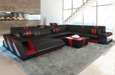 Ledersofa Wohnlandschaft Apollonia XXL schwarz-rot Ledersofa mit LED Couch & USB Ansc
