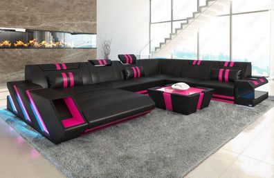 Sofa Wohnlandschaft Apollonia XXL schwarz-pink Ledersofa mit LED Couch & USB Anschlus