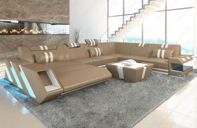 Ledersofa Wohnlandschaft Apollonia XXL Sandbeige Ledersofa mit LED Couch & USB