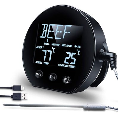 Bratenthermometer Digital Grillthermometer, USB Ladefunktion Alarm Timer Funktion LCD