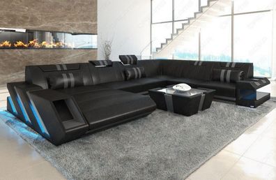 Wohnlandschaft Apolloina XXL Sofa schwarz Ledersofa mit LED Couch & USB Anschluss
