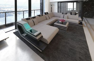 XXL Wohnlandschaft Ravenna in grau Couch Wohnlandschaft Webstoff -LED Sofa & USB