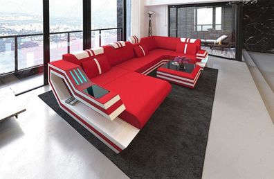 Wohnlandschaft Ravenna U Form Rot Couch Wohnlandschaft Mikrofaser -LED Sofa & USB