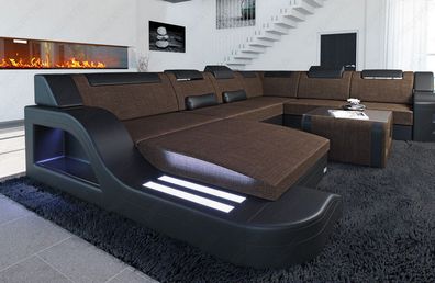 Wohnlandschaft Palermo XXL braun Couch Wohnlandschaft Webstoff -LED Sofa & USB