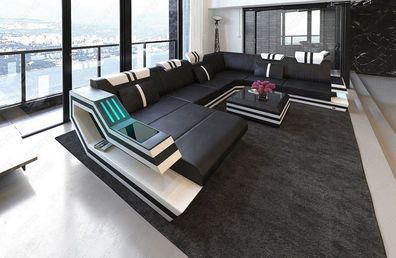 Sofa Wohnlandschaft Ravenna XXL schwarz-weiß Ledersofa mit LED Couch & USB Anschluss
